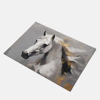 Powerful White Horse Portrait Oil Effect Doormat