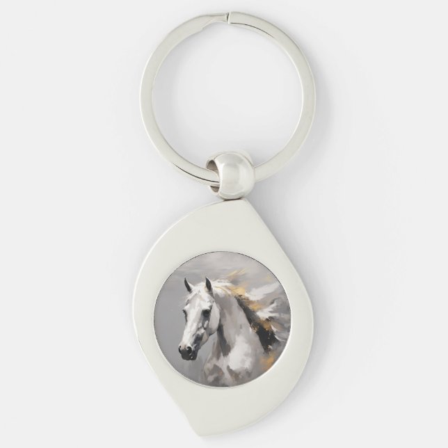 Powerful White Horse Portrait Oil Effect Key Ring (Front)