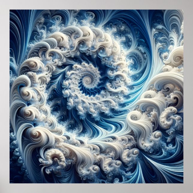 Powerful Yet Delicate Blue and White Fractal Swirl Poster (Front)