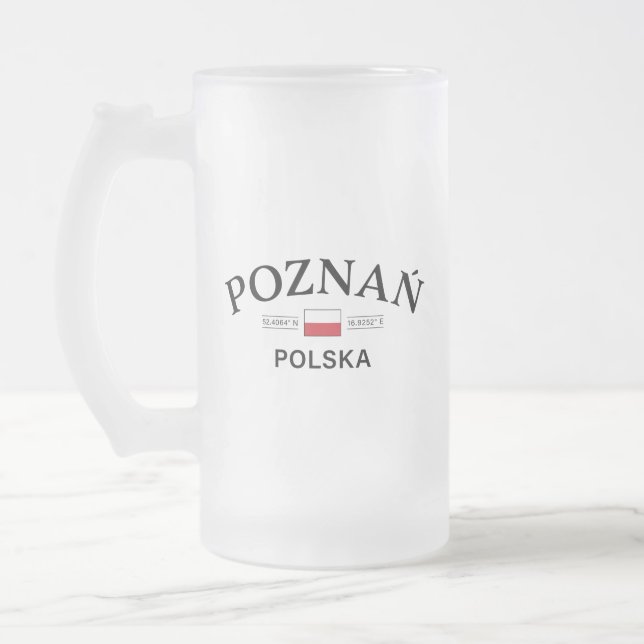 Poznan Polska (Poland) Polish Coordinates Frosted Glass Beer Mug (Left)