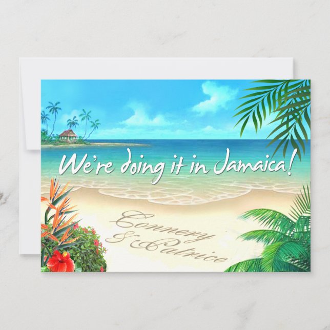 PR Exotic Beach Jamaican wedding get names in sand Invitation (Front)
