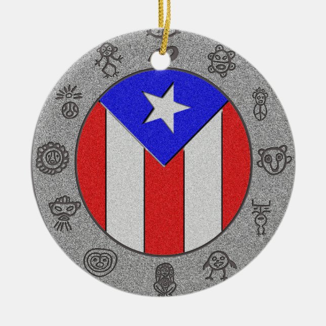 PR Flag & Petroglyphs Ceramic Tree Decoration (Front)