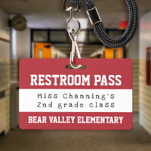 Practical Red White School Restroom Pass ID Badge