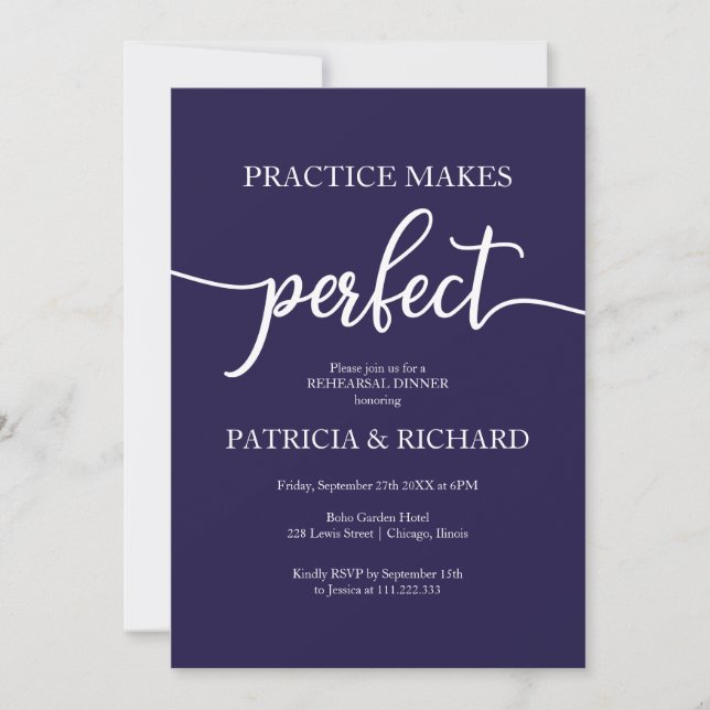 Practice Makes Perfect Navy Blue Rehearsal Dinner Invitation (Front)