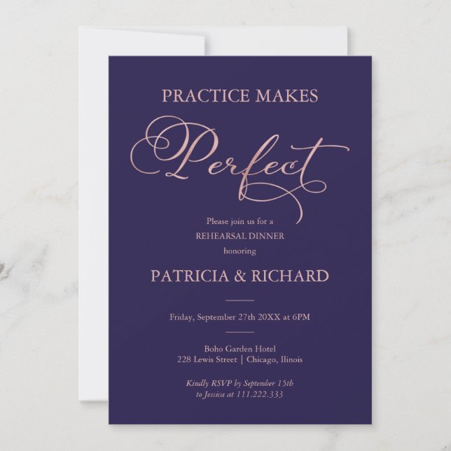 Practice Makes Perfect Rose Gold Rehearsal Dinner Invitation (Front)