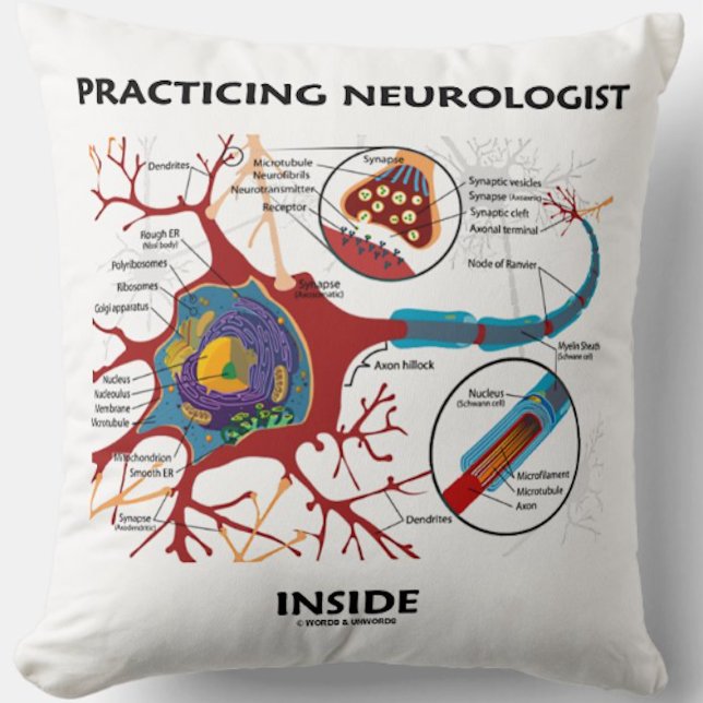 Practicing Neurologist Inside Neuron Synapse Cushion (Neurologists will enjoy this throw pillow featuring a neuron/synapse + the medical saying)