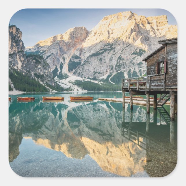Pragser Wildsee in the Dolomites in Italy Square Sticker (Front)