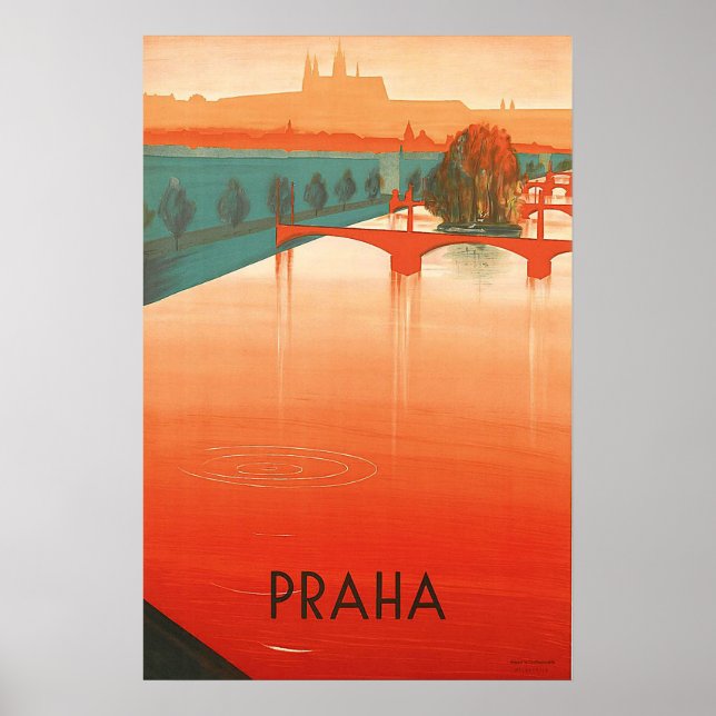 Prague, bridges, vintage travel poster (Front)
