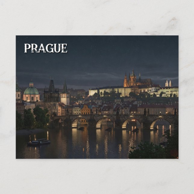 Prague Castle and charles Bridge Night Travel Postcard (Front)