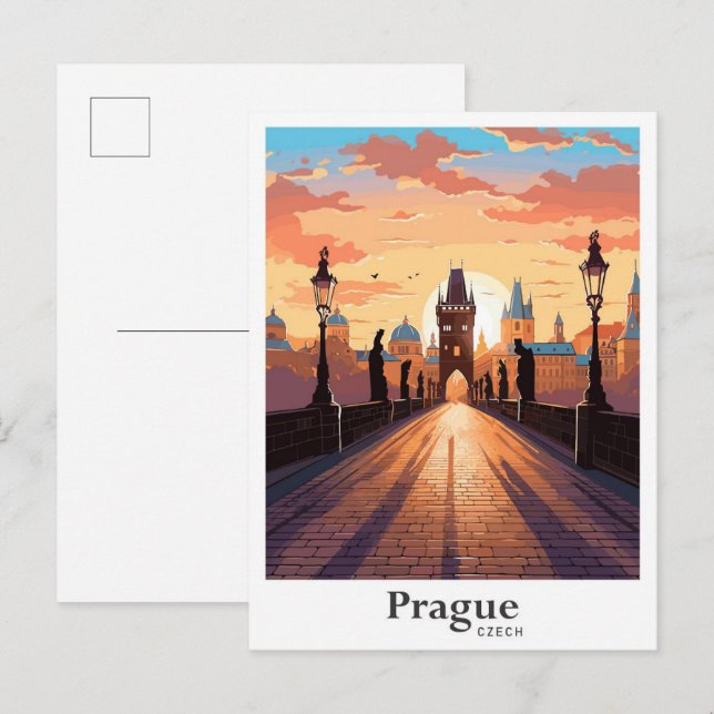 Prague Czech Art Vintage Travel Illustration Postcard (Front/Back)