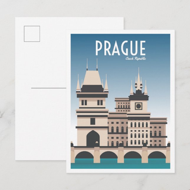 Prague Czech Art Vintage Travel Illustration Postcard (Front/Back)