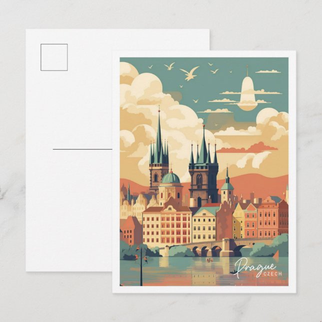 Prague Czech Art Vintage Travel Illustration Postcard (Front/Back)
