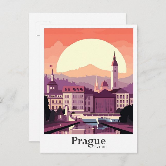 Prague Czech Art Vintage Travel Illustration Postcard (Front/Back)