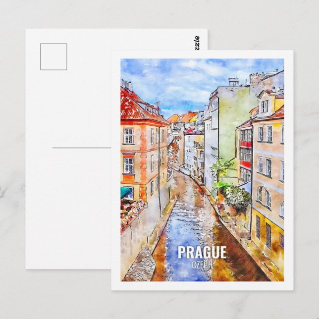Prague Czech Famous Travel Place Watercolor Postcard (Front/Back)