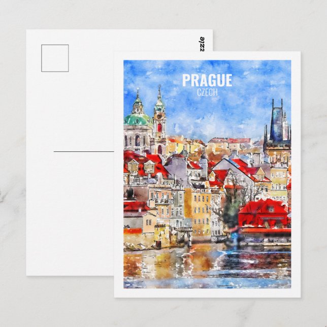 Prague Czech Famous Travel Watercolor Sketch Postcard (Front/Back)