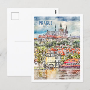 Prague Czech Famous Travel Watercolor Sketch Postcard