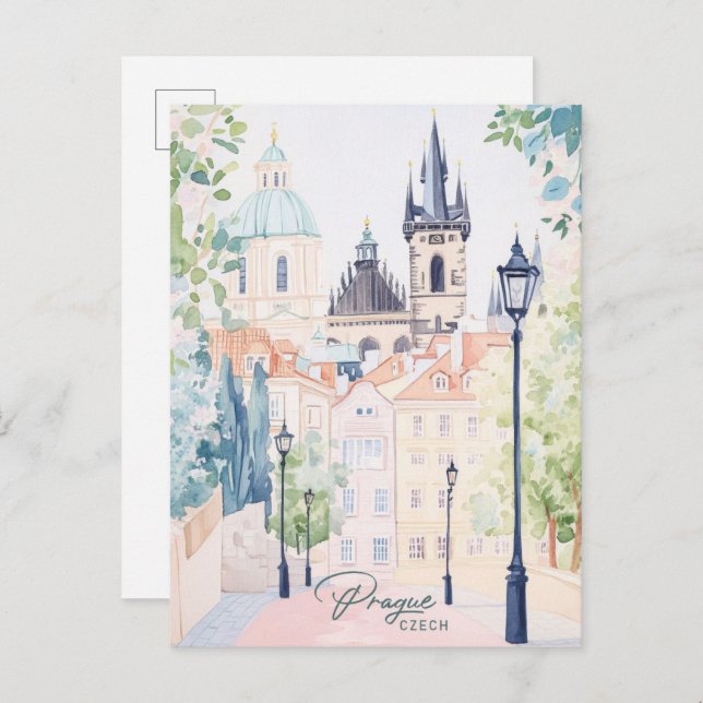 Prague Czech Gouache Paint Illustration Travel Postcard (Front/Back)