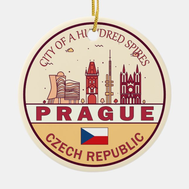Prague Czech Republic City Skyline Emblem Ceramic Tree Decoration (Front)