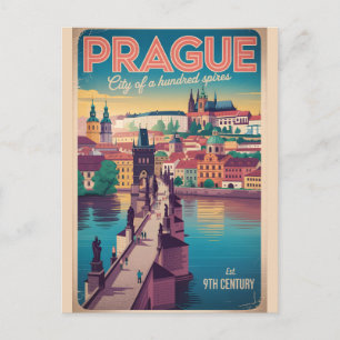 Prague Czech Republic Retro Cityscape Travel Postcard