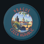 Prague Czech Republic Retro Distressed Circle Magnet<br><div class="desc">Prague retro vector travel design. Prague,  capital city of the Czech Republic,  is bisected by the Vltava River. Nicknamed “the City of a Hundred Spires, ” it's known for its Old Town Square.</div>