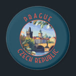 Prague Czech Republic Retro Distressed Circle Magnet<br><div class="desc">Prague retro vector travel design. Prague,  capital city of the Czech Republic,  is bisected by the Vltava River. Nicknamed “the City of a Hundred Spires, ” it's known for its Old Town Square.</div>