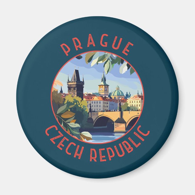 Prague Czech Republic Retro Distressed Circle Magnet (Front)