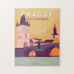 Prague Czech Republic Travel Art Vintage Jigsaw Puzzle<br><div class="desc">Prague retro vector art design. Nicknamed “the City of a Hundred Spires, ” it's known for its Old Town Square,  the heart of its historic core,  with colourful baroque buildings.</div>