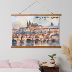Prague Czech Republic Watercolor Panorama View Hanging Tapestry
