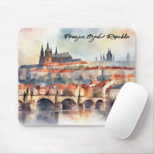 Prague Czech Republic Watercolor Panorama View Mouse Mat
