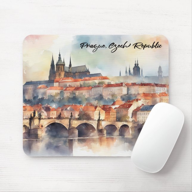 Prague Czech Republic Watercolor Panorama View Mouse Mat (With Mouse)
