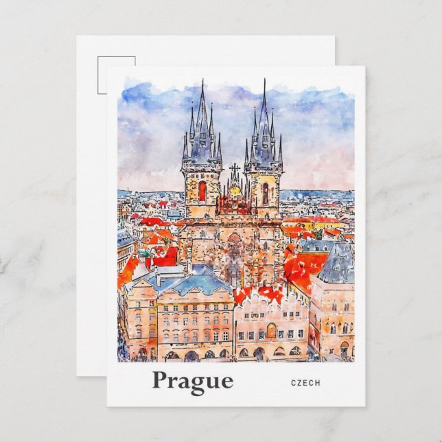 Prague Czech Travel Watercolor Hand Drawn Postcard (Front/Back)