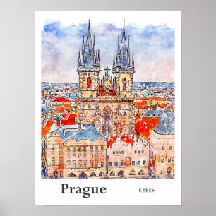 Prague Czech Travel Watercolor Hand Drawn Poster