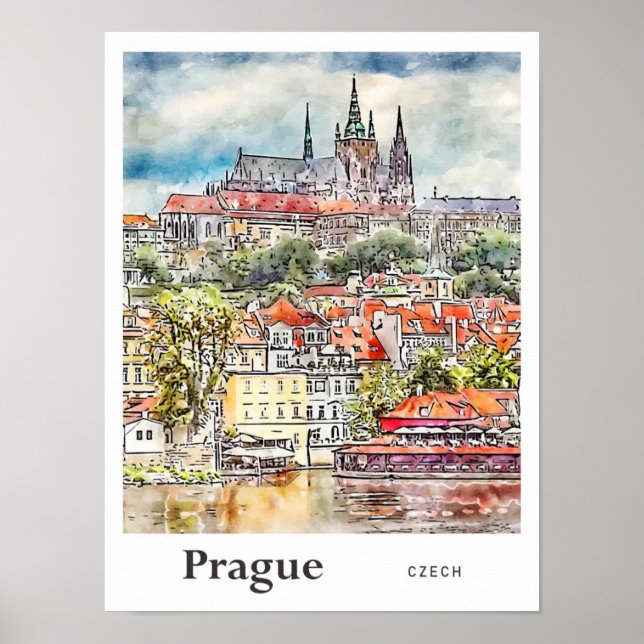 Prague Czech Travel Watercolor Sketch Hand Drawn Poster (Front)