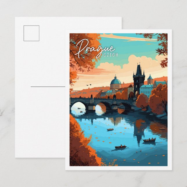 Prague Czech vintage travel illustration Postcard (Front/Back)