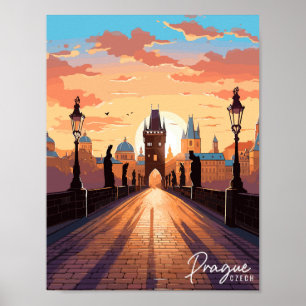 Prague Czech vintage travel illustration Poster