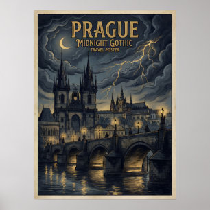 Prague Midnight Gothic Travel Poster, Dark Czech Poster