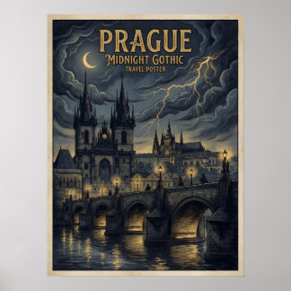 Prague Midnight Gothic Travel Poster, Dark Czech Poster