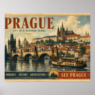 Prague Poster - City of a Hundred Spires - Vintage
