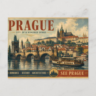 Prague Poster - City of a Hundred Spires - Vintage Holiday Postcard