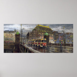 Prague Tram Bridge Legii National Theatre Poster