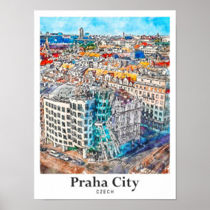 Praha City Czech Travel Watercolor Hand Drawn Poster