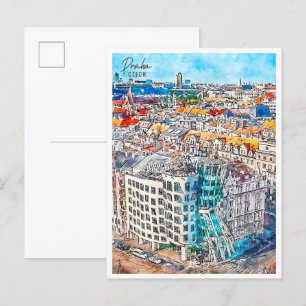 Praha Czech vintage travel watercolor Postcard