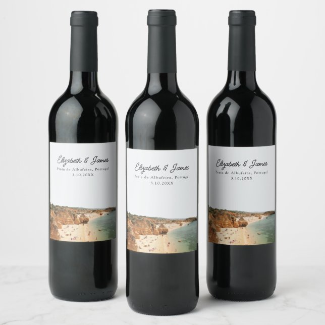 Praia de Albufeira Portugal Wedding Personalised Wine Label (Bottles)