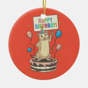 prairie dog standing on cake happy & birthday sign ceramic tree decoration