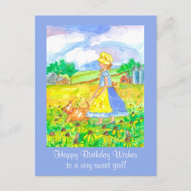 Prairie Farm Girl Walking A Dog Happy Birthday Postcard (Front)