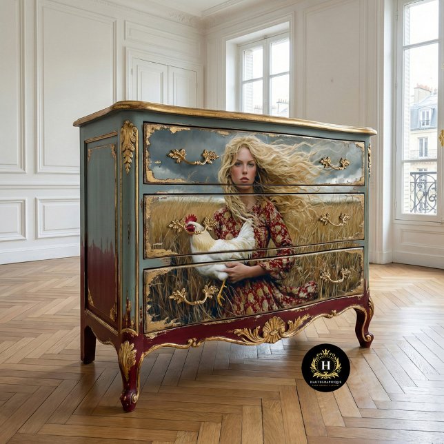 Prairie Girl with White Rooster Decoupage  Tissue Paper (Creator Uploaded)