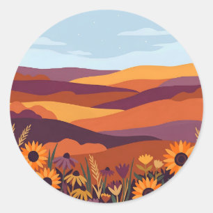 Prairie Grassland Sunflower Field Round Sticker