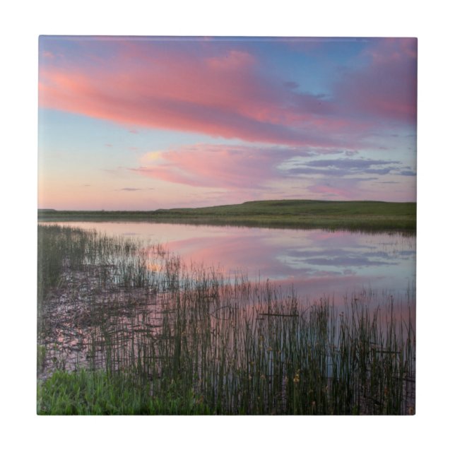 Prairie Pond Reflects Brilliant Sunrise Clouds Tile (Front)