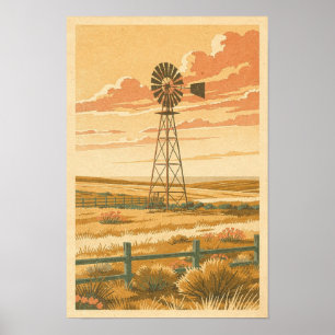 Prairie Windmill at Dusk Retro Travel Poster