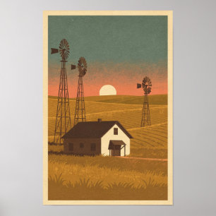 Prairie Windmills at Dusk Travel Poster